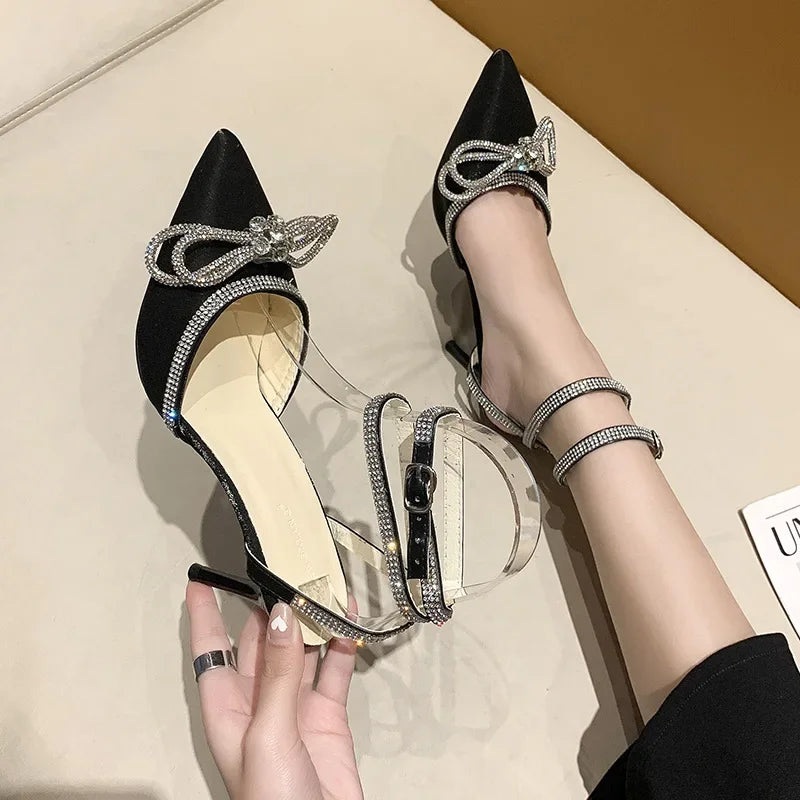 Xajzpa Banquet Dress White High Heels Elegant Temperament Dress Wedding Shoes Rhinestone Pointed Hollow Toe Sexy Sandals for Women