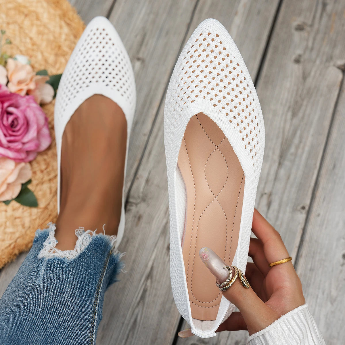 Xajzpa Women Pointed Toe Flat Shoes Solid Color Knitted Slip on Shoes Casual Breathable Ballet Flats Women Mesh Flat Shoes Loafers
