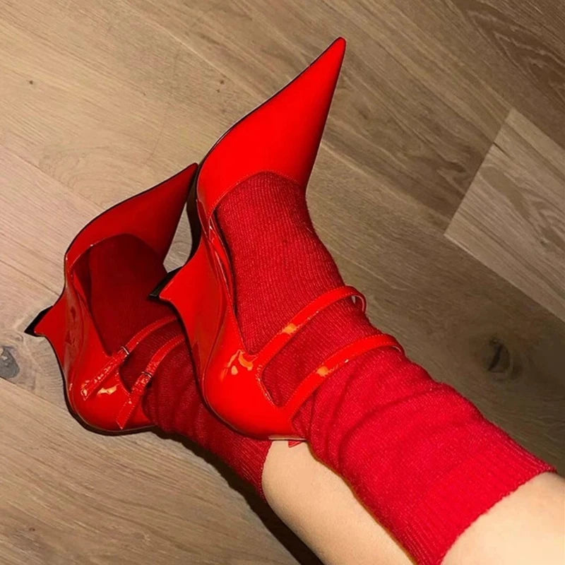 Xajzpa Sexy Red Patent Leather Pointed Toe Wedges High Heels Women Pumps Fashion Double Buckle Strap Ladies Party Dress Shoes
