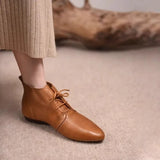 Xajzpa Women's Ankle Boots Solid Color Leather 2026 Autumn Fashion Pointed Toe Lace-up Flat Boots for Women Casual Retro Sewing Shoes