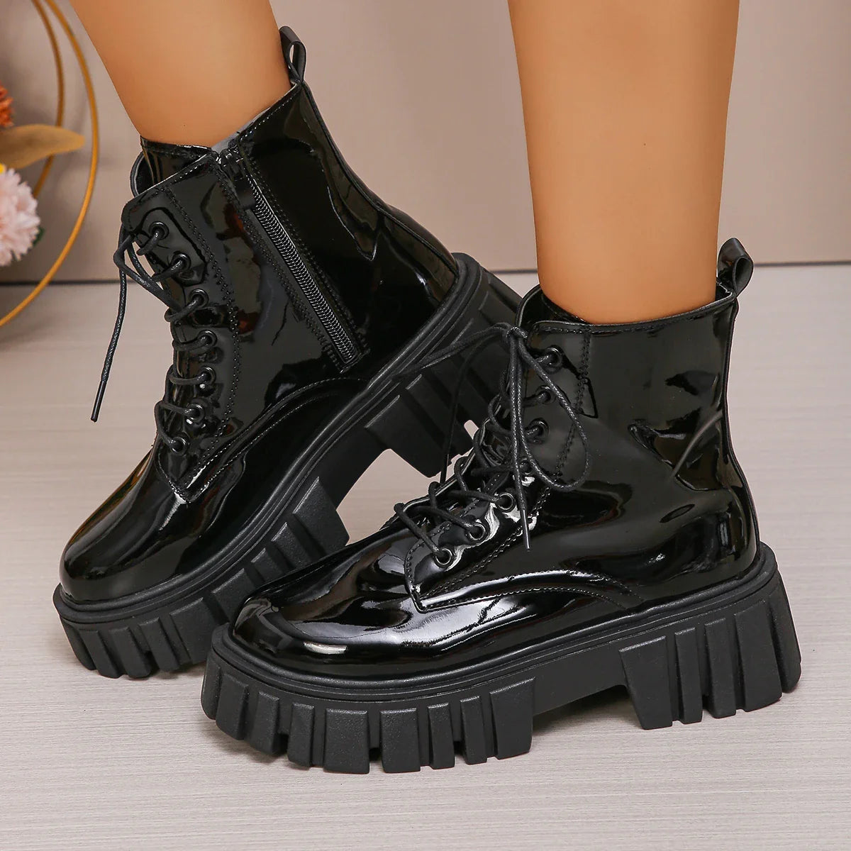 Xajzpa  Chunky Platform Combat Boots for Women Fashion Black Patent Leather Ankle Boots Woman Thick Sole Non Slip Motorcycle Botas Mujer