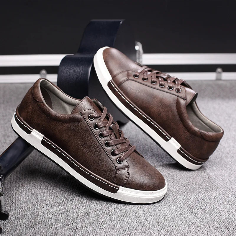 Xajzpa Men's Casual Leather Shoes for Men Fashion Four Seasons Breathable Lace-up Athletic Shoes Shallow Skate Shoes Large Sizes 38-48