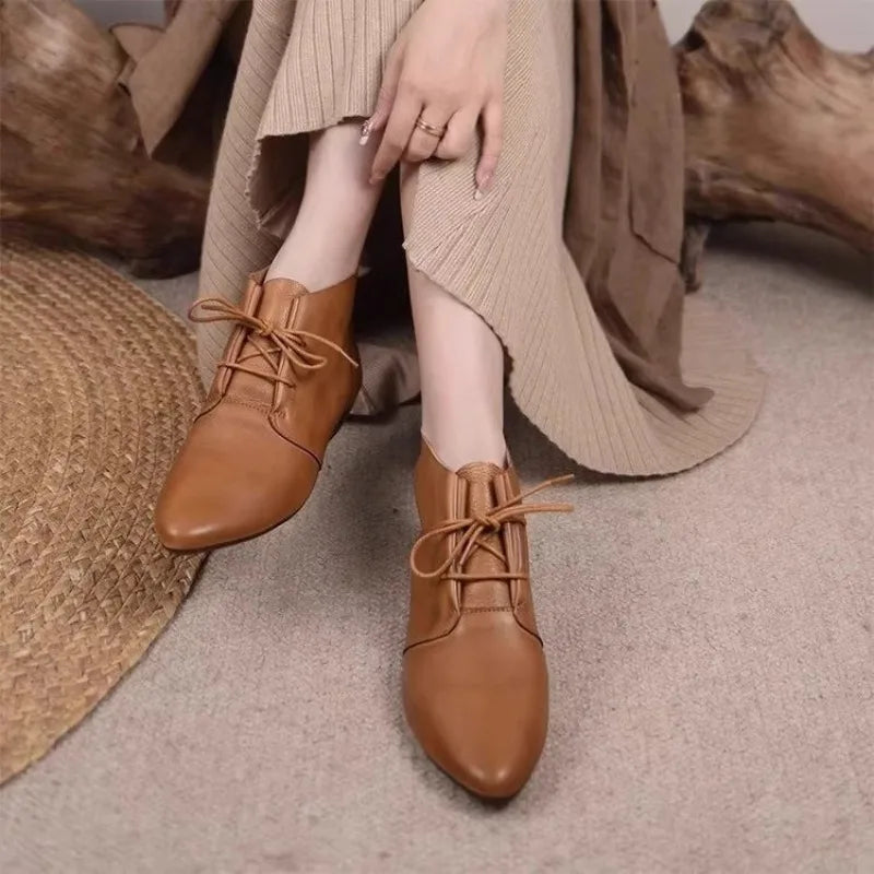 Xajzpa Women's Ankle Boots Solid Color Leather 2026 Autumn Fashion Pointed Toe Lace-up Flat Boots for Women Casual Retro Sewing Shoes