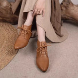 Xajzpa Women's Ankle Boots Solid Color Leather 2026 Autumn Fashion Pointed Toe Lace-up Flat Boots for Women Casual Retro Sewing Shoes