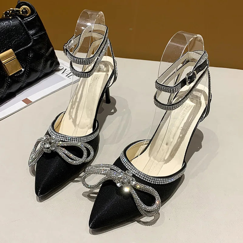 Xajzpa Banquet Dress White High Heels Elegant Temperament Dress Wedding Shoes Rhinestone Pointed Hollow Toe Sexy Sandals for Women