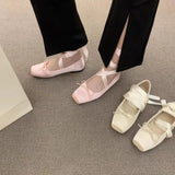 Xajzpa Women Flats Bow Marie Janes Shoes Elegant Wedding Shoes Lolita Dress Square Toe Shoes Designer Walking Shoes Female Zapatos