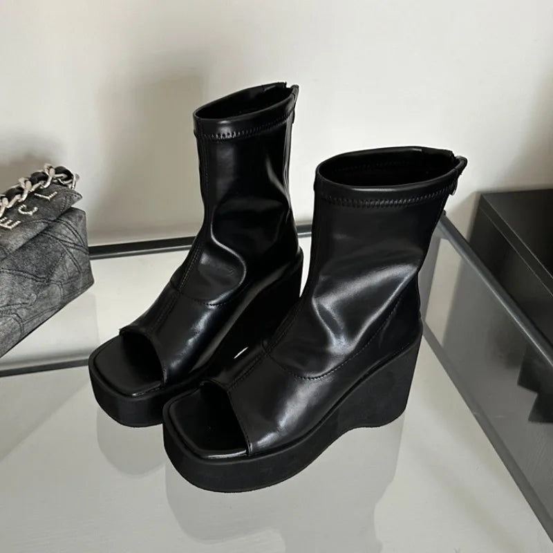 Xajzpa Brand Women's Shoes Zipper Sandals Boots Clogs Platform Fashion Wedge Ladies Mid-Calf Lolita High Heel Rome Square Toe Peep
