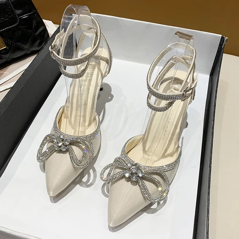 Xajzpa Banquet Dress White High Heels Elegant Temperament Dress Wedding Shoes Rhinestone Pointed Hollow Toe Sexy Sandals for Women