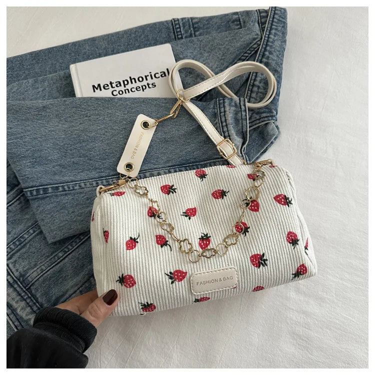 Xajzpa Strawberry Printed Crossbody Mini Bags Corduroy Fresh Ins Style Underarm Bag Refined Female Student Travel Shoulder Bag