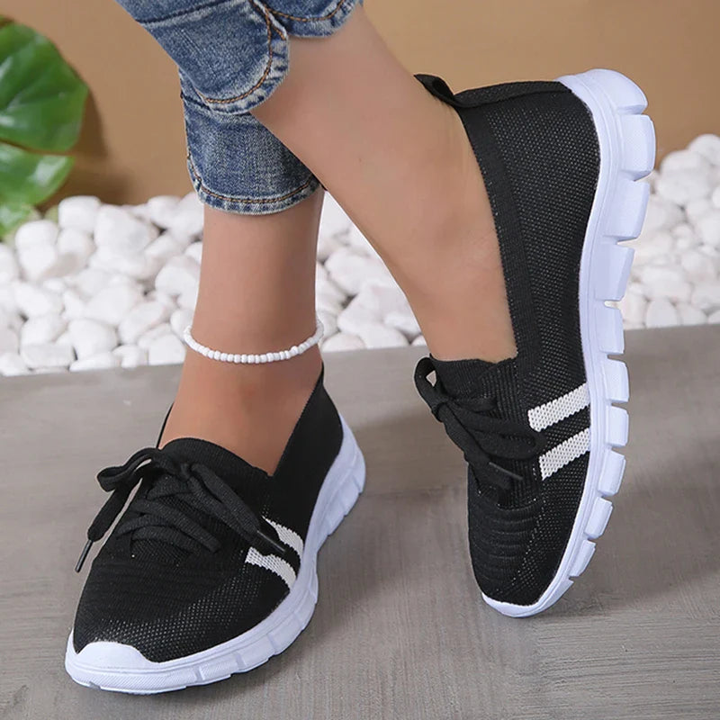 Xajzpa Mesh Knitted Striped Flats Shoes for Women Summer Lace Up Casual Sneakers Woman Breathable Soft Sole Loafers Plus Size 43