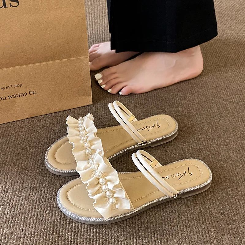 Xajzpa Slippers Women Summer Luxury Slides String Bead Flat Shoes Female Pantofle Designer Soft 2025 Scandals Slippers Women Summer Sli