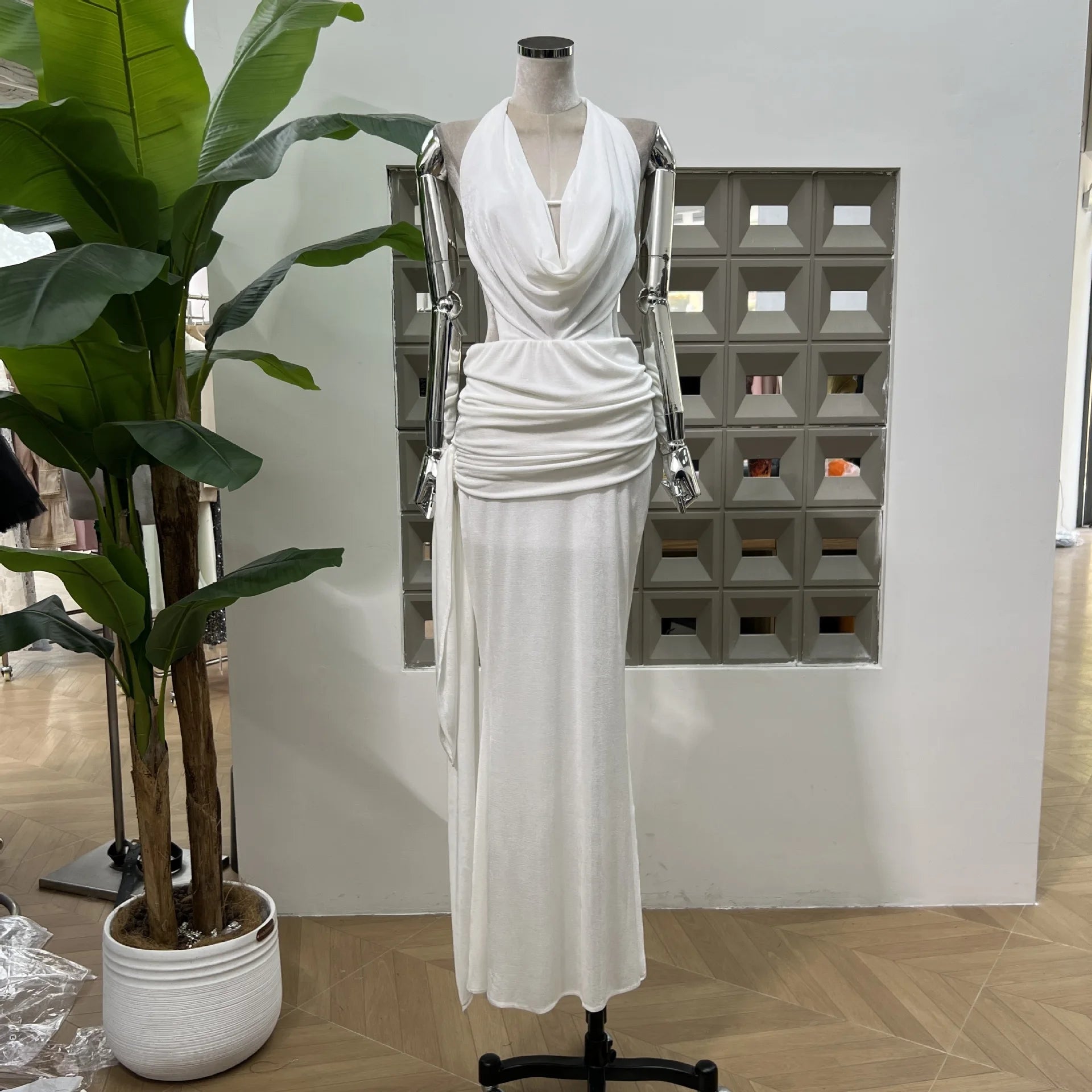 Xajzpa Fashion Solid Color Folds Dress Women's Halterneck Sleeveless Backless Casual Dresses 2025 Summer New Tide