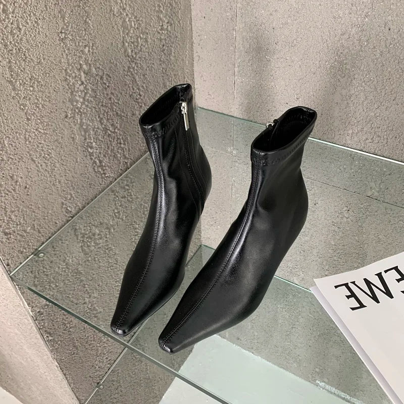 xajzpa Spring New Pointed Toe Women Ankle Boots Ladies Eelgant Thin Low Heel Chelsea Shoes Soft Leather Short Boots