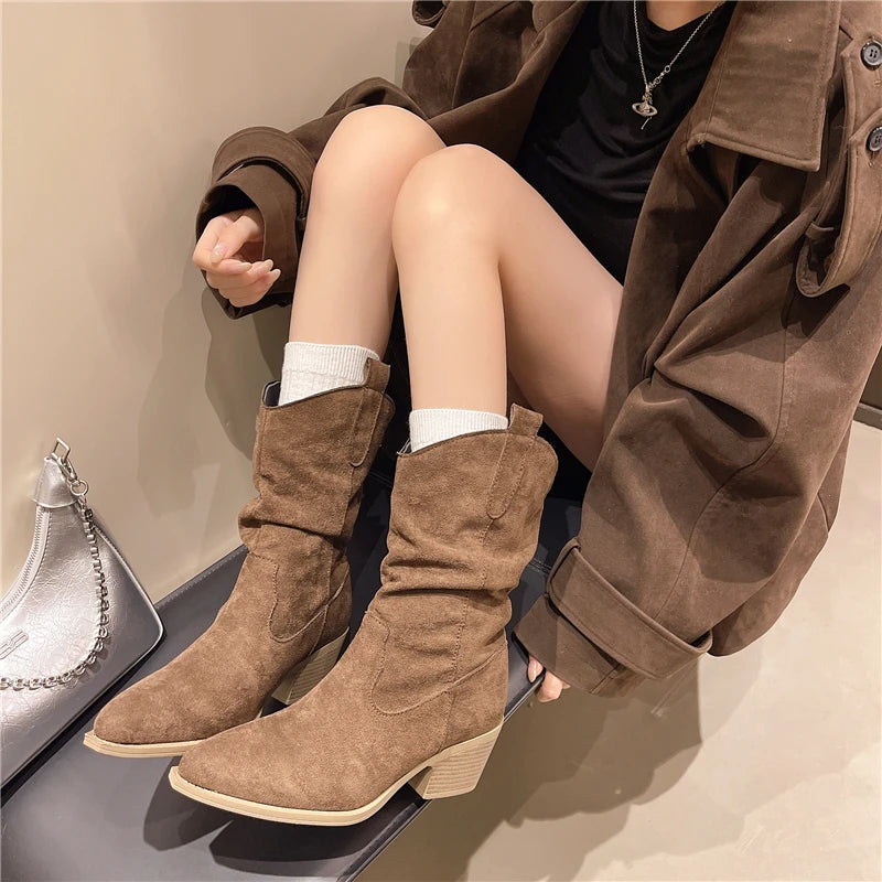 Xajzpa New Style Fashion Women's Mid-calf Boots Women Winter Ethnic Rivet Tassel Boots Woman Suede Pointed Thick Heel Shoes Boots
