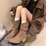 Xajzpa New Style Fashion Women's Mid-calf Boots Women Winter Ethnic Rivet Tassel Boots Woman Suede Pointed Thick Heel Shoes Boots