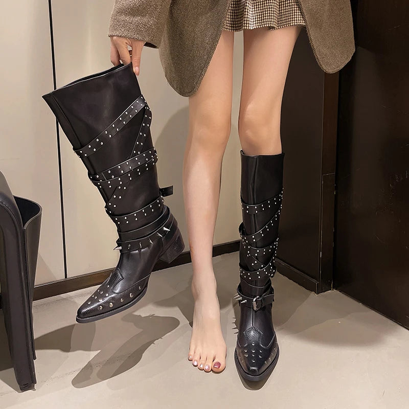 Xajzpa New Style Fashion Women's Designer Vintage Rivet Women Western Cowgirl Boots Autumn Winter Ladies Elegant Knight Long Boots