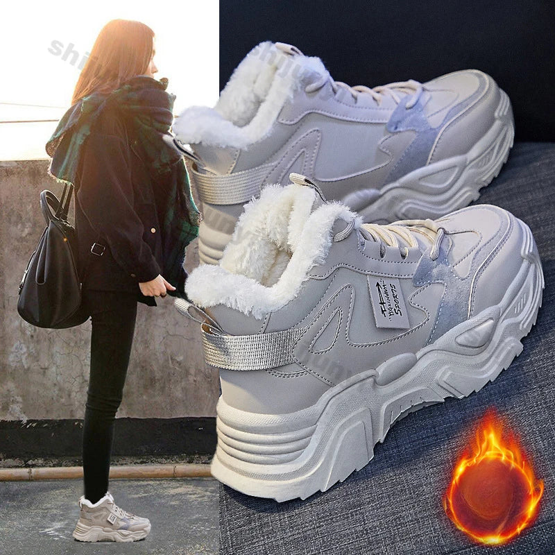 Xajzpa Fashion Platform Sneakers for Women Winter Thick Bottom Lace Up Walking Shoes Ladies Comfort Non Slip Sports Warm Cotton Shoes