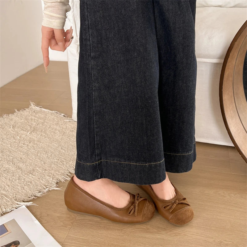 Xajzpa New Style Women's Red Elegant Bowknot Round Toe Women's Flat Comfort Slip-On Ladies Ballerina Single Mules Shoes Zapatos Mujer