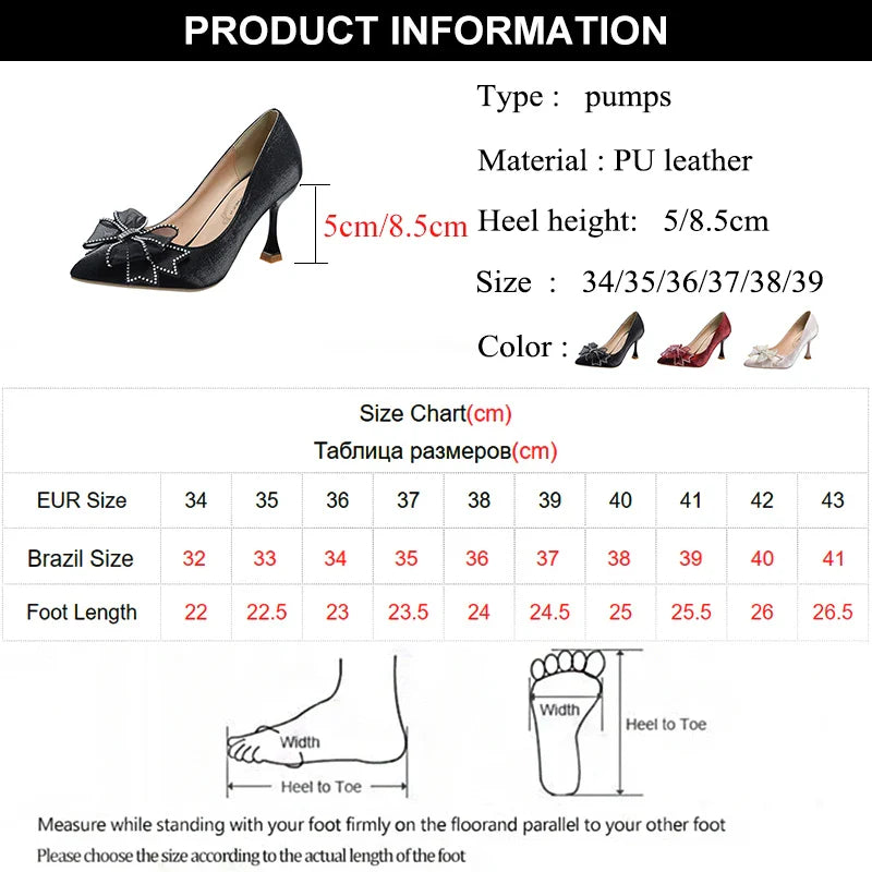 Xajzpa  Rhinestone Bowtie Pointed Toe Women's Pumps New Spring Satin Bridal Wedding Shoes Shallow Woman Pumps Stiletto Red