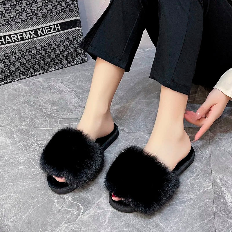 Xajzpa New Woman Slippers Winter Simple Word Fur Flats Soft Home Women Slippers Faux Fur Warm Bedroom Leisure Female Shoes