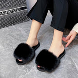 Xajzpa New Woman Slippers Winter Simple Word Fur Flats Soft Home Women Slippers Faux Fur Warm Bedroom Leisure Female Shoes