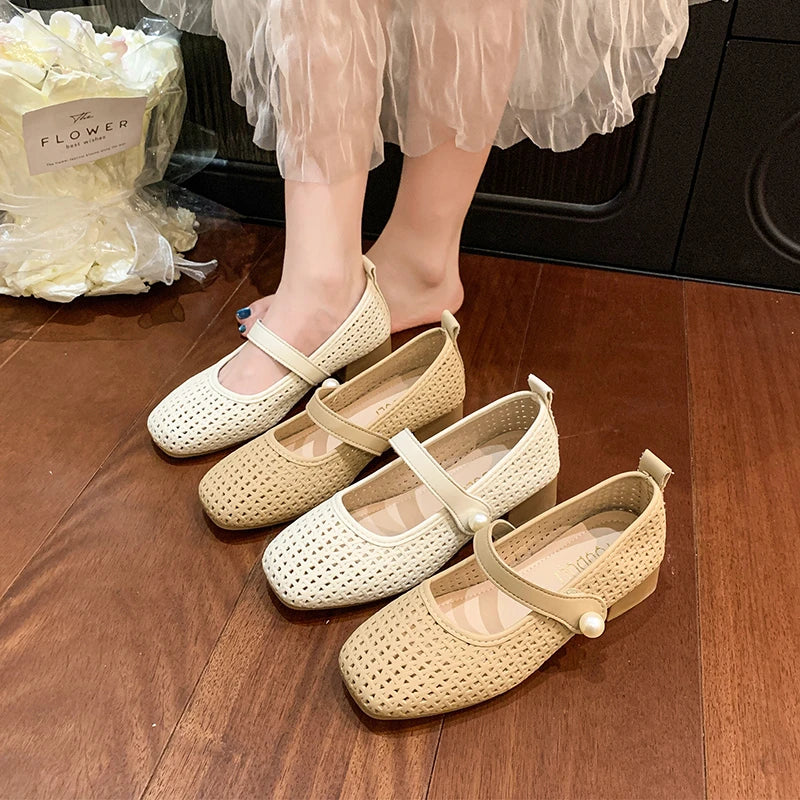 Xajzpa Spring/Summer New Style Fashionable Women's One Word Buckle Mary Janes Round Head Flat Women's Mesh Ballet Shoes Zapatos Mujer