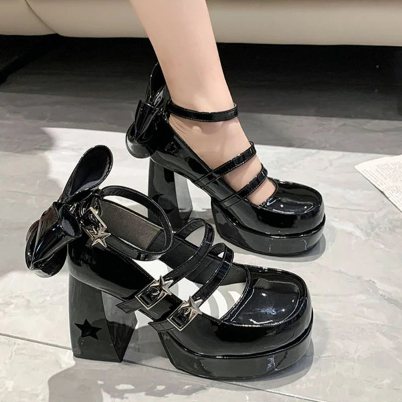 Xajzpa Pumps Lolita Shoes Platform Mary Jane Shoes Star Buckle Strap Women Cross-tied Pu Leather Girls Rivet Casual Shoes Kawaii
