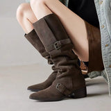 Xajzpa New Square Heels Knee High Boots Women Pointed Toe Runway Shoes Woman Suede Leather Metal Buckle Long Western Cowboy Boots Woman