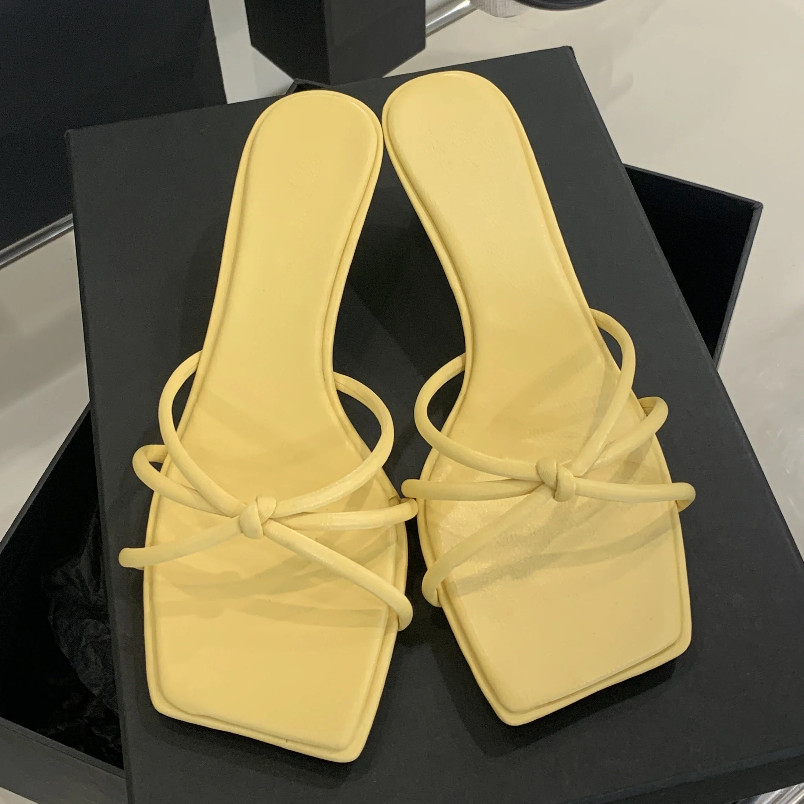 Xajzpa Summer Narrow Band Buckle Strap Slippers Women Square Toe Stiletto Low Heels Slide Mules Party Shoes Zapatos De Mujer
