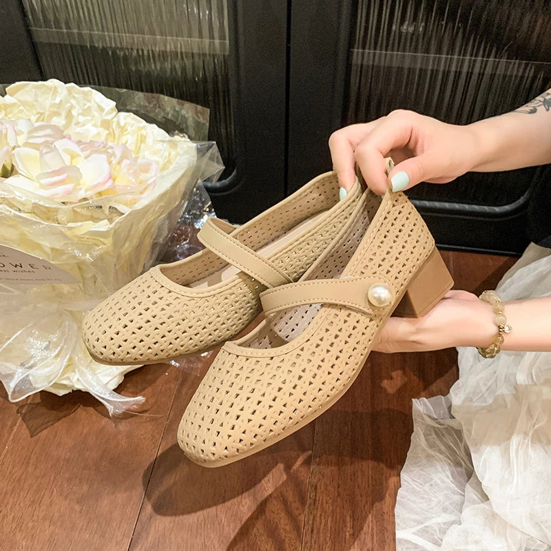 Xajzpa Spring/Summer New Style Fashionable Women's One Word Buckle Mary Janes Round Head Flat Women's Mesh Ballet Shoes Zapatos Mujer
