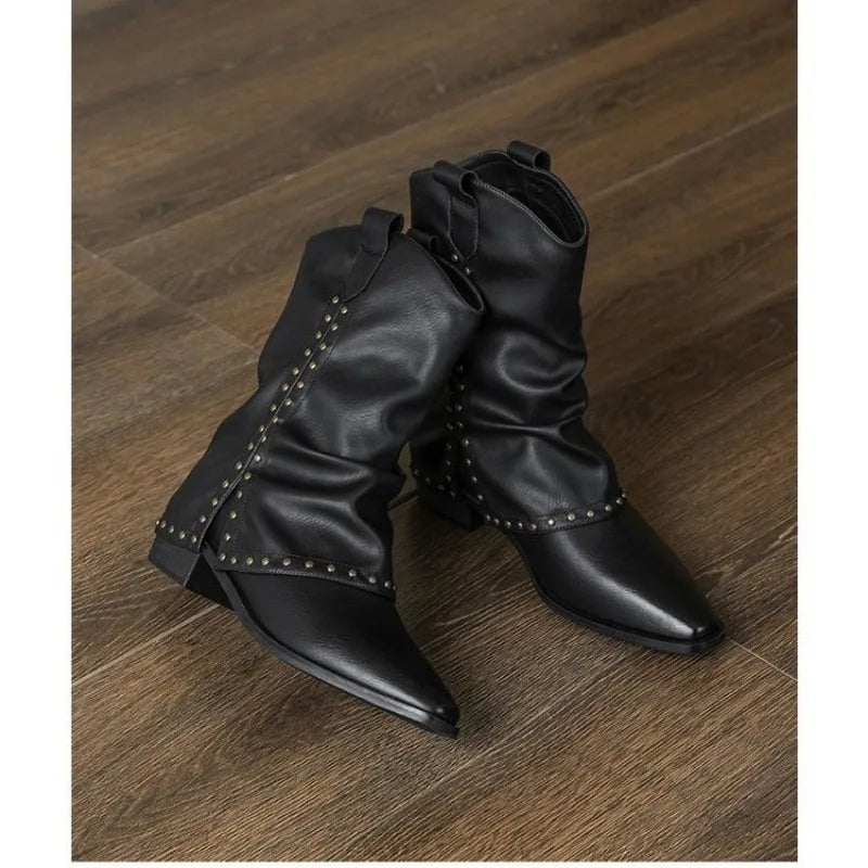 Xajzpa New Style Luxury Women's Cowgirl Boots Fashion Slip on Ladies Elegant Square Heel Long Pipe Boots Shoes Retro Zapatos Mujer