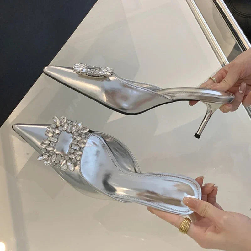 Xajzpa New Fashion Crystal Thin Heels Mules Women Slippers Elegant Pointed Toe Banquet Party Prom Ladies Shoes