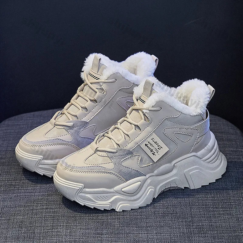 Xajzpa Fashion Platform Sneakers for Women Winter Thick Bottom Lace Up Walking Shoes Ladies Comfort Non Slip Sports Warm Cotton Shoes