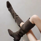 Xajzpa New Square Heels Knee High Boots Women Pointed Toe Runway Shoes Woman Suede Leather Metal Buckle Long Western Cowboy Boots Woman
