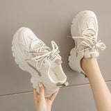 Xajzpa Women's Leather Dad Shoes Spring Autumn Lightweight Cotton Breathable Comfortable Casual Sports Sneakers