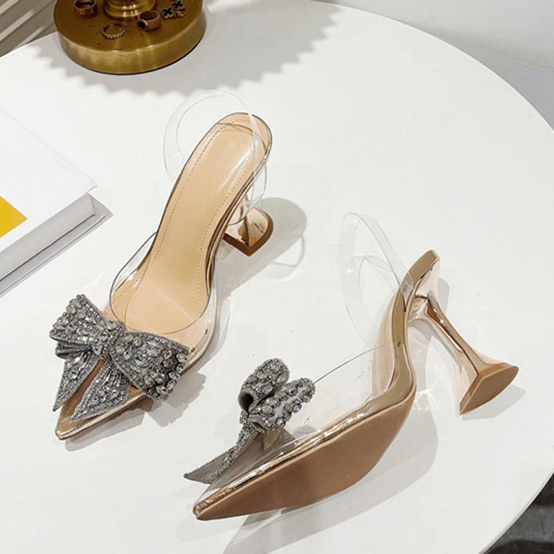Xajzpa Fashion Crystal Sequined Bowknot Women Pumps Sexy Pointed Toe High Heels Wedding Prom Shoes Ladies PVC Transparent Sandals