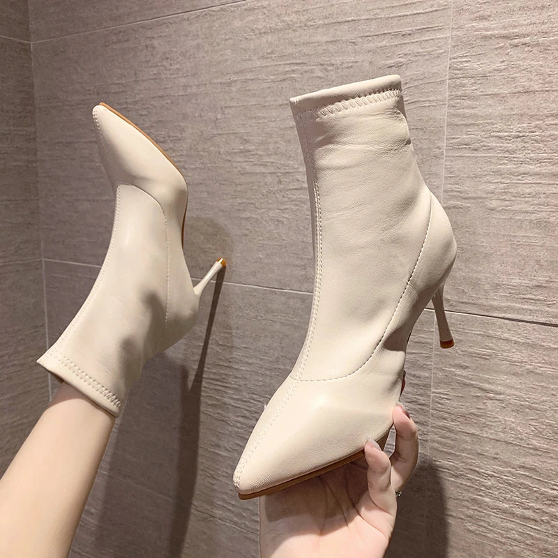 Xajzpa New Style Luxury Women's Fashion Ankle Boots Pointed Toe Stretch Boots Autumn Stiletto Socks Boots High Heels Ladies Shoes