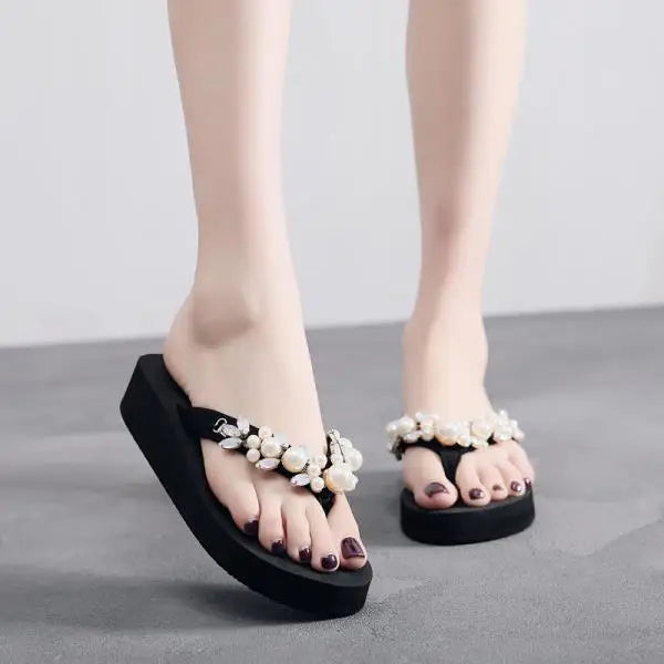 Xajzpa On A Wedge Slippers Casual String Bead Beach Shoes Platform Rubber Flip Flops Slides Slipers Women Heeled Mules Luxury Sabot Haw