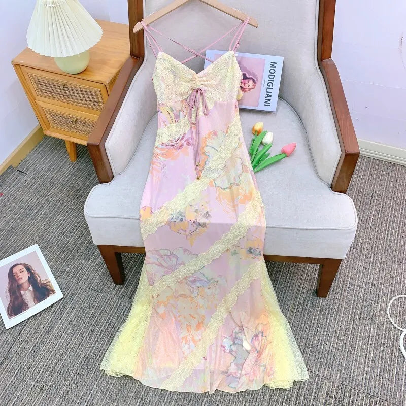 Xajzpa Fashion Printed Patchwork Dress Women's Camisole Stretch Lace Fishtail Dresses 2025 Summer New Tide