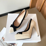 Xajzpa New Style Fashion Women's Popular Platform Super High Heels Women's Bow Small Pointed Toe Stiletto Single Shoes Zapatos Mujer