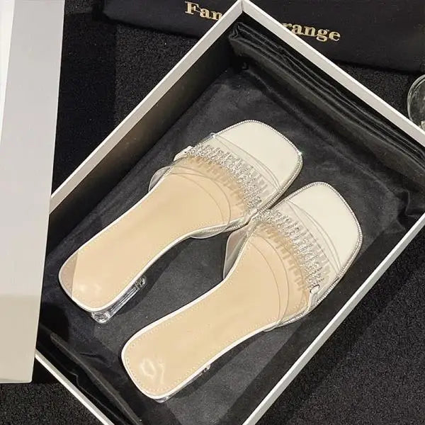 Xajzpa Shoes Womens Slippers Outdoor Pantofle Slides Jelly Flip Flops Square heel Heeled Mules Fashion 2025 Glitter Block High Transpar