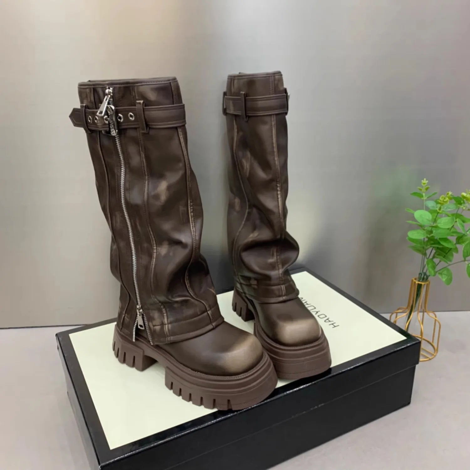 Xajzpa Med Heel Boots Round Toe Women's Genuine Leather Shoes Zipper Boots-Women  Over-the-Knee Rubber 2025 Lolita Lace-Up Western Floc
