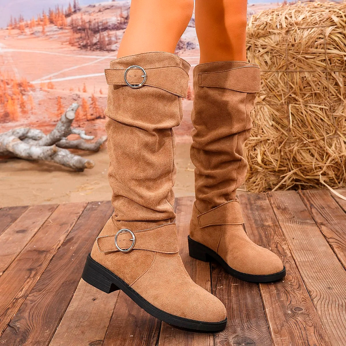 Xajzpa New Women Stylish Mid-Calf Slouchy Boots Soft Comfortable Round Toe Design Easy Pull-On Closure Outdoor Casual Shoes Shoes