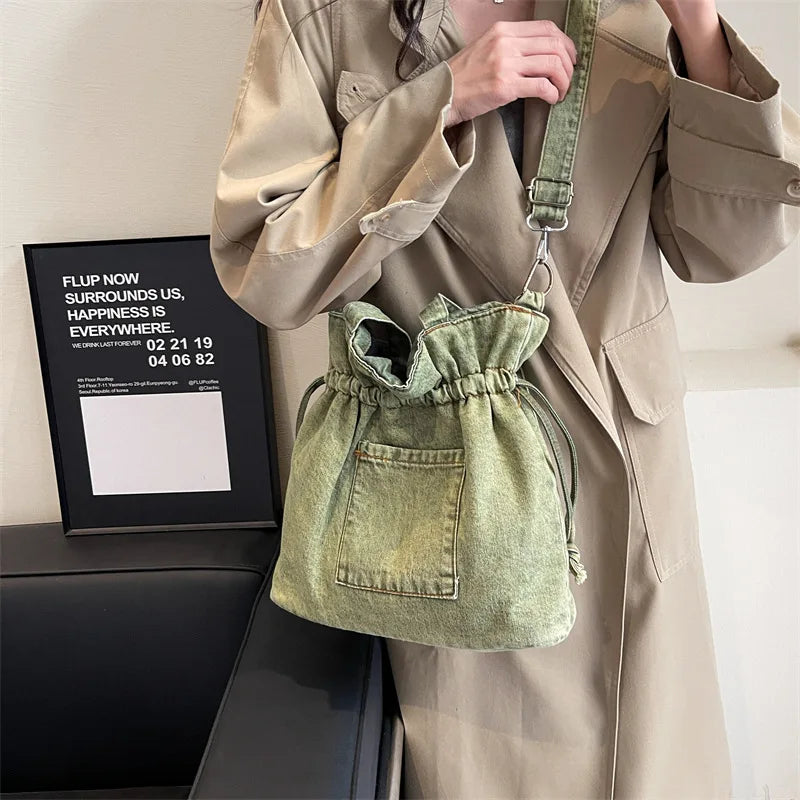 Xajzpa Denim Canvas Shoulder Bag Large Capacity Fashionable Drawstring Design Crossbody Tote Bag Student Textbook Shoulder Handbag