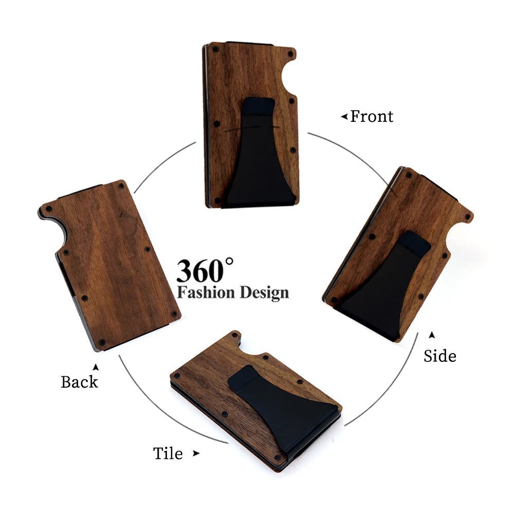 Xajzpa RFID Blocking Men's Wooden Wallet Ultra Thin Metal Money Clip for Men Minimalist Wooden Aluminum Wallet Card Holder