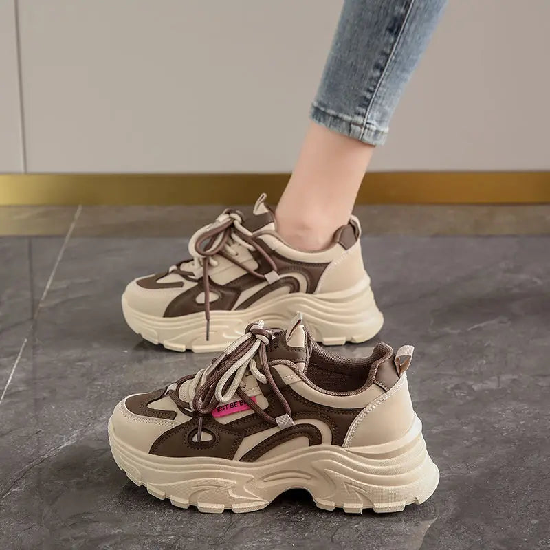 Xajzpa Women's Leather Dad Shoes Spring Autumn Lightweight Cotton Breathable Comfortable Casual Sports Sneakers
