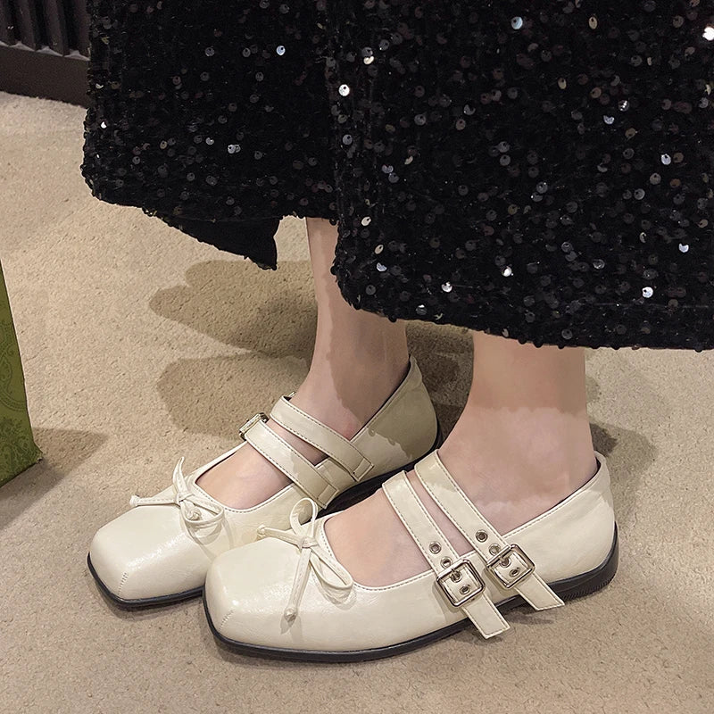 Xajzpa New Style Women's Square Toe Shoes Luxury Bow Flats Ladies Ballet Silver Belt Buckle Footwear Elegant Fashion Mary Jane Shoes