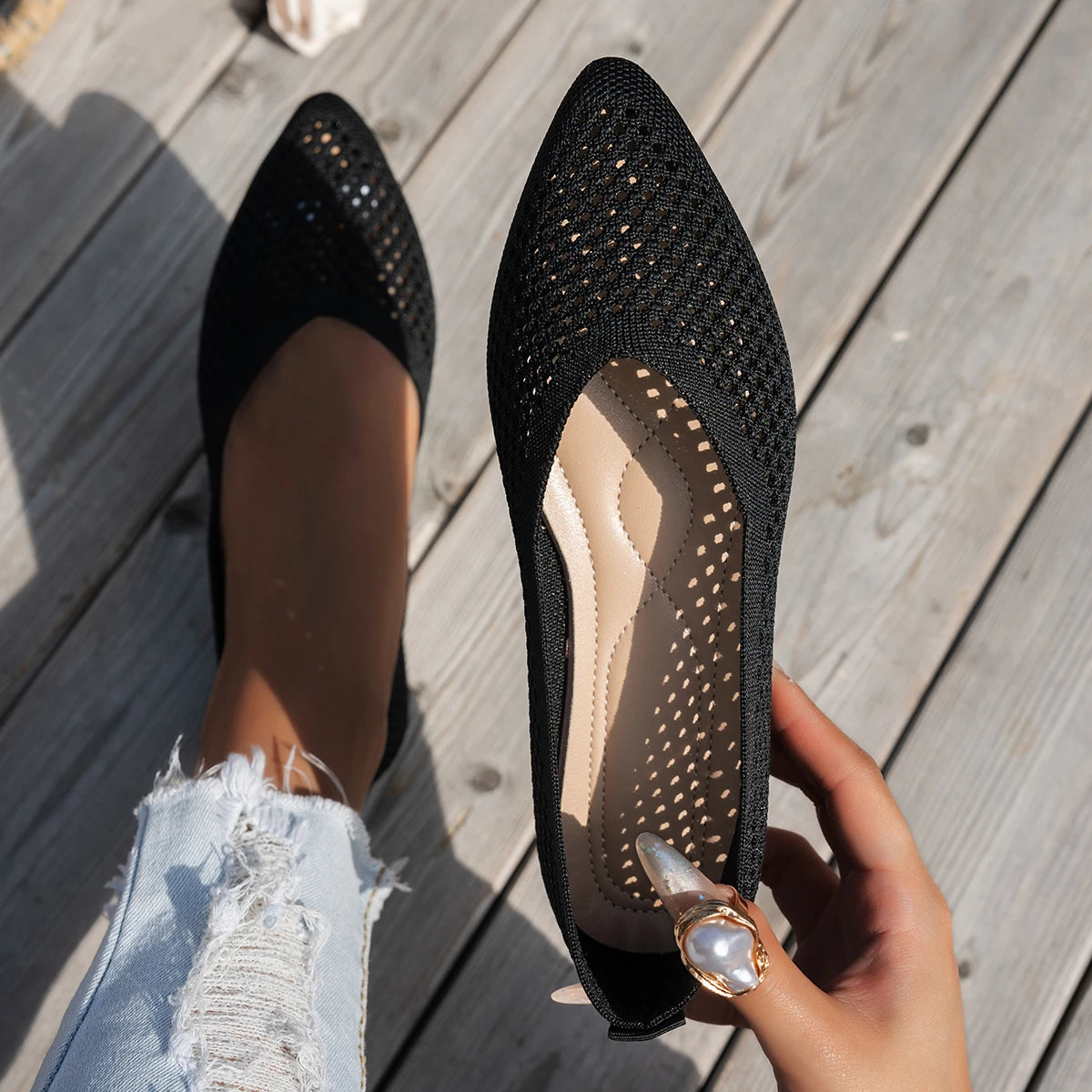 Xajzpa Women Pointed Toe Flat Shoes Solid Color Knitted Slip on Shoes Casual Breathable Ballet Flats Women Mesh Flat Shoes Loafers