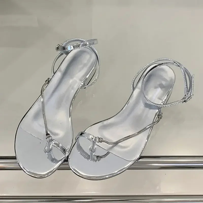 Xajzpa Summer Fashion Clip Toe Sandals Women Buckle Strap Thin Low Heels Chain Narrow Band Silver Party Dress Shoes