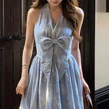 Xajzpa Fashion Embroidered Bow Dress Women's V Neck Off Shoulder Hanging Neck Dresses 2025 Summer New Tide